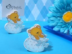 Playful Teddy Bear Place Card Holder In Blue Bootie
