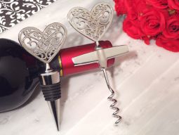 Ornate Silver Heart  wine stopper and opener set
