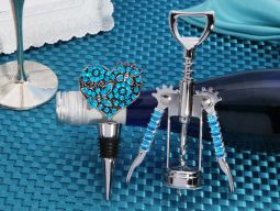 Signature collection blue crystal heart Bottle opener and stopper set