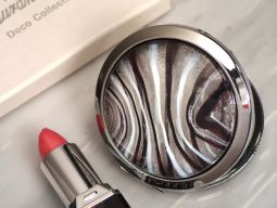 Murano art deco round compact mirror silver and burgundy glass