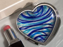 Murano art deco heart compact mirror silver and blue colored glass
