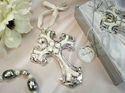 Medium ivory silver deco cross ornament