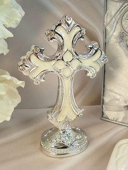 4364 - Medium ivory silver deco cross with base