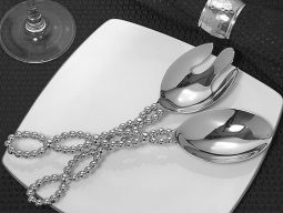 "Signature Collection" By Cassiani Chrome Salad  Server set with Beaded design handle