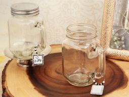 Rustic Mason 16 oz jar favor with ceramic glass marker