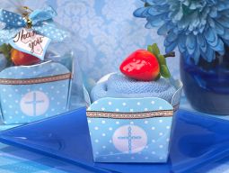 Cupcake towel favor blue Cross design