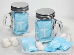 Mint Candy Favors with Mason Jar Blue Cross Design