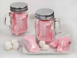 Mint Candy Favors with Mason Jar Pink Cross Design