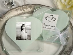 Unique square glass photo coaster with heart design cut out.