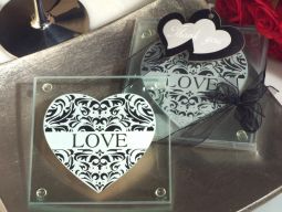 Stylish Damask love glass coasters