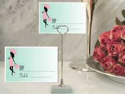 Metal Place Card Holder with Blue and Pink Baby Shower Design Card