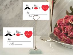 Metal Place Card Holder with Mr. + Mrs. = Love Design Card