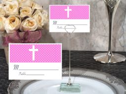 Metal Place Card Holder with Pink Cross Design Card
