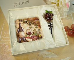 Murano Design Stopper with 2 Coaster Set Wine Cheese
