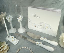 4 Piece Bridal accessory set. Guest book, Toasting flutes, Cake set and Pen set Calla lily design