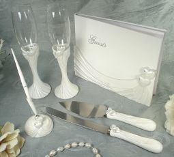 4 Piece Bridal accessory set. Guest book, Toasting flutes, Cake set and Pen set Heart design