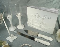 4 Piece Bridal accessory set. Guest book, Toasting flutes, Cake set and Pen set Carriage design