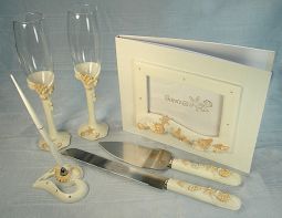 4 Piece BEACH THEME Bridal accessory set. Guest book, Toasting flutes, Cake set and Pen set