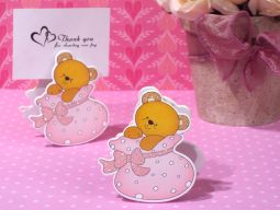 Playful Teddy Bear Place Card Holder In Pink Bootie