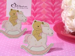 Adorable Pink Teddy Bear On Horse Place Card Holder