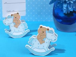 Adorable Blue Teddy Bear On Horse Place Card Holder