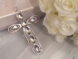 Shimmering silver cross with clear crystals