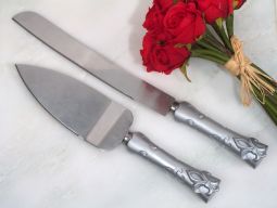 Silver Fleur De Lis Cake And Knife Server Set
