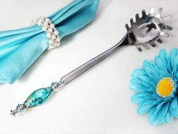 Murano art deco pasta server with teal and gold bead