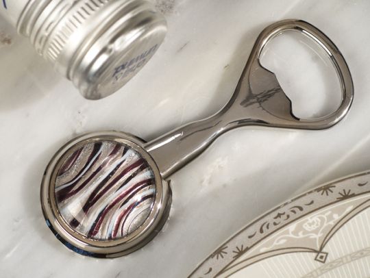 Murano art deco bottle opener silver and burgundy glass bead Murano art deco bottle opener silver and burgundy glass bead
