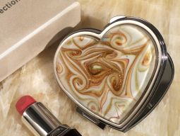 Murano art deco heart compact mirror golden brown glass