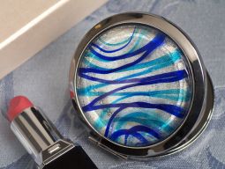 Murano art deco round compact mirror silver and blue colored glass