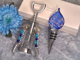 Murano teardrop design blue and gold bottle stopper and opener set