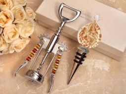 Stunning Murano design gold and white bottle stopper and opener set