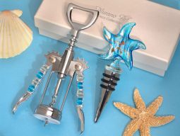 Murano starfish design teal and gold bottle stopper and opener set
