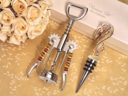 Stylish Murano swirl design gold and white bottle stopper and opener set