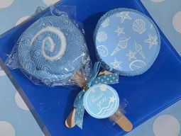 Lollipop towel favor blue Seashells design