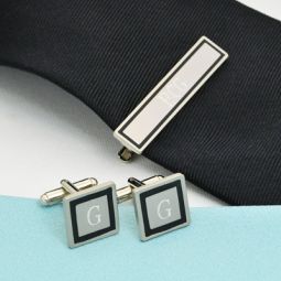 Black Border Designer Cuff Links & Tie Clip