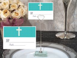 Metal Place Card Holder with Teal Blue Cross Design Card