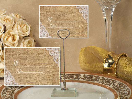 Metal Place Card Holder with Burlap and Lace Design Card Metal Place Card Holder with Burlap and Lace Design Card