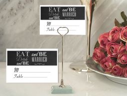 Metal Place Card Holder with Eat, Drink, and Be Married Design Card