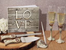 Vintage wood love wedding accessory set