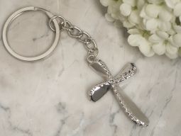 Beaded chrome silver Cross keychain